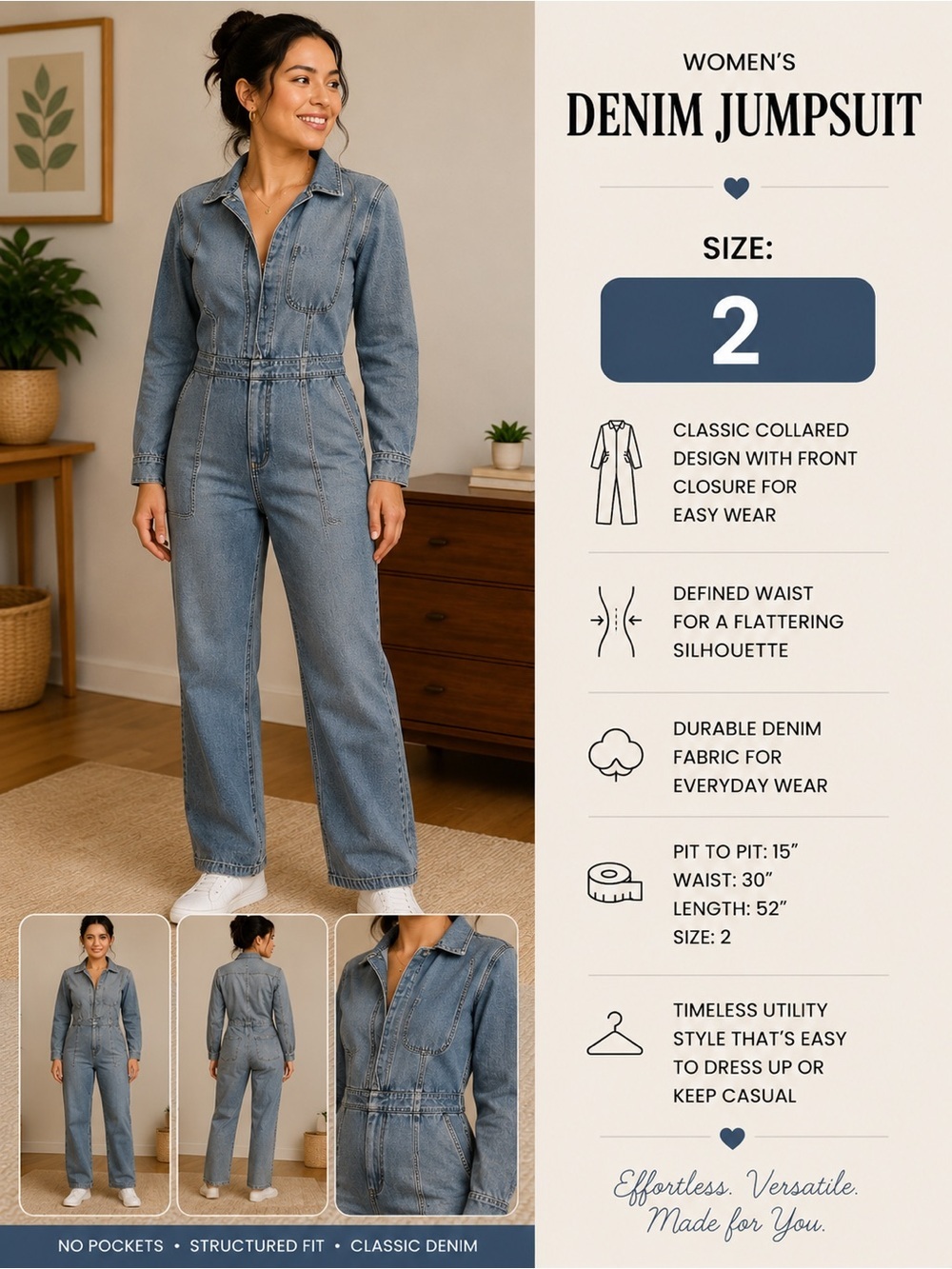 &Denim Jumpsuit - Classic Jeans Jumpsuit SIZE 2 
Pit 15”
Waist 30”
Length 52”